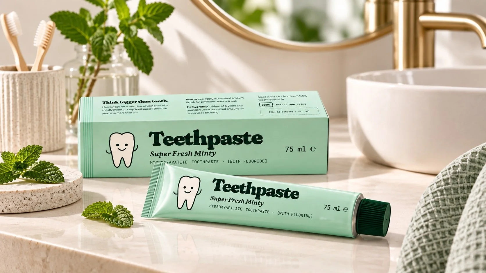 Super Fresh Minty tube and carton on a bathroom counter