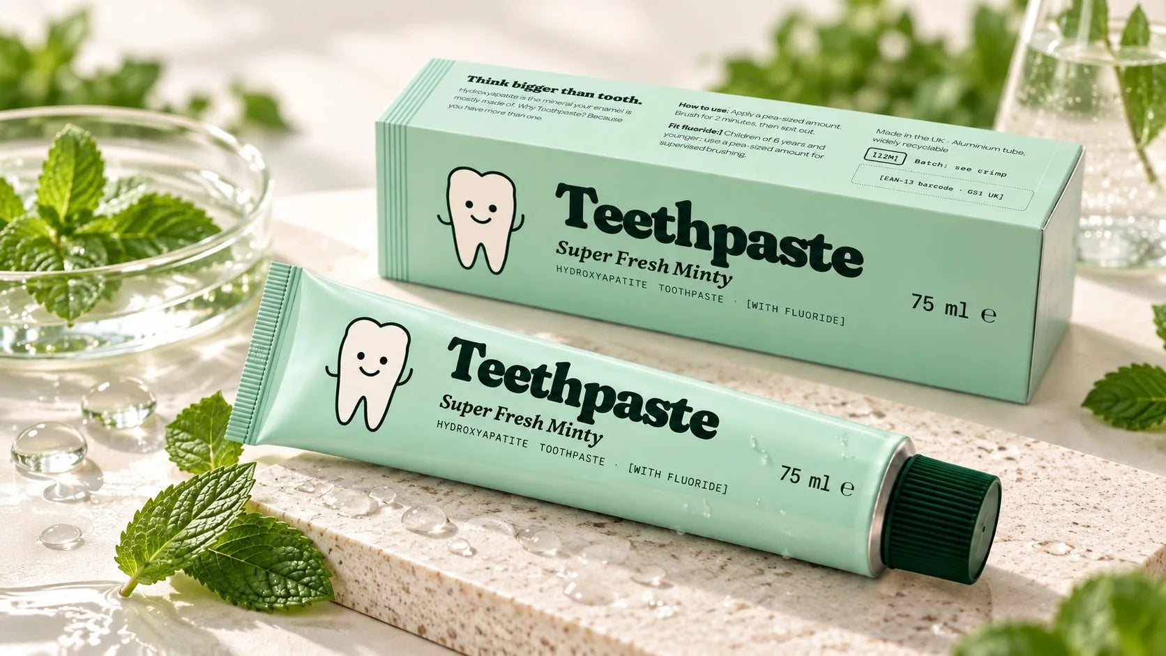 Super Fresh Minty tube and carton on stone with mint and water droplets