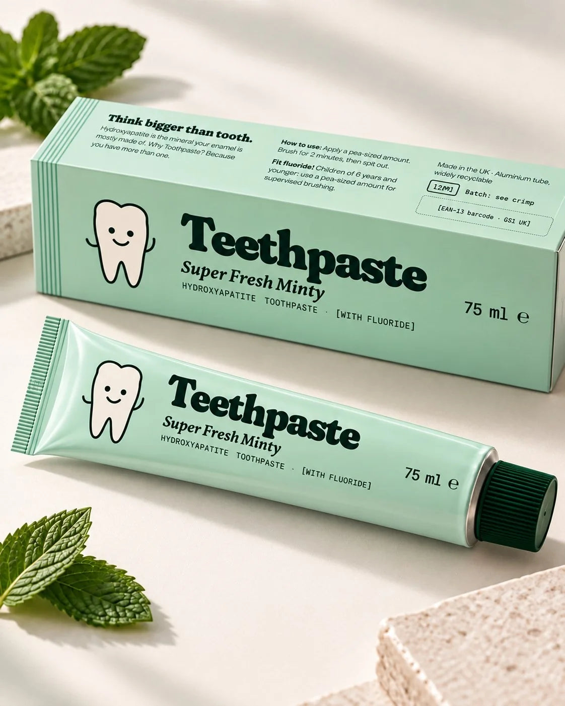 Teethpaste Super Fresh Minty tube and carton with fresh mint leaves